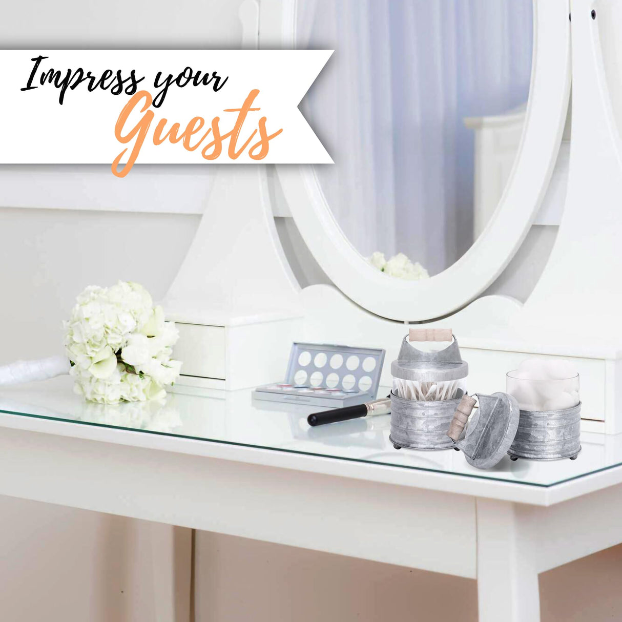 Autumn Alley Galvanized Bathroom Apothecary Jars Set, Farmhouse Bathroom Jars Qtip Holder Glass Dispenser- Rustic Vanity Organizer with Lids for Cotton Balls, Swabs, Rounds, Bath Salts 2-Glass Jars Autumn Alley