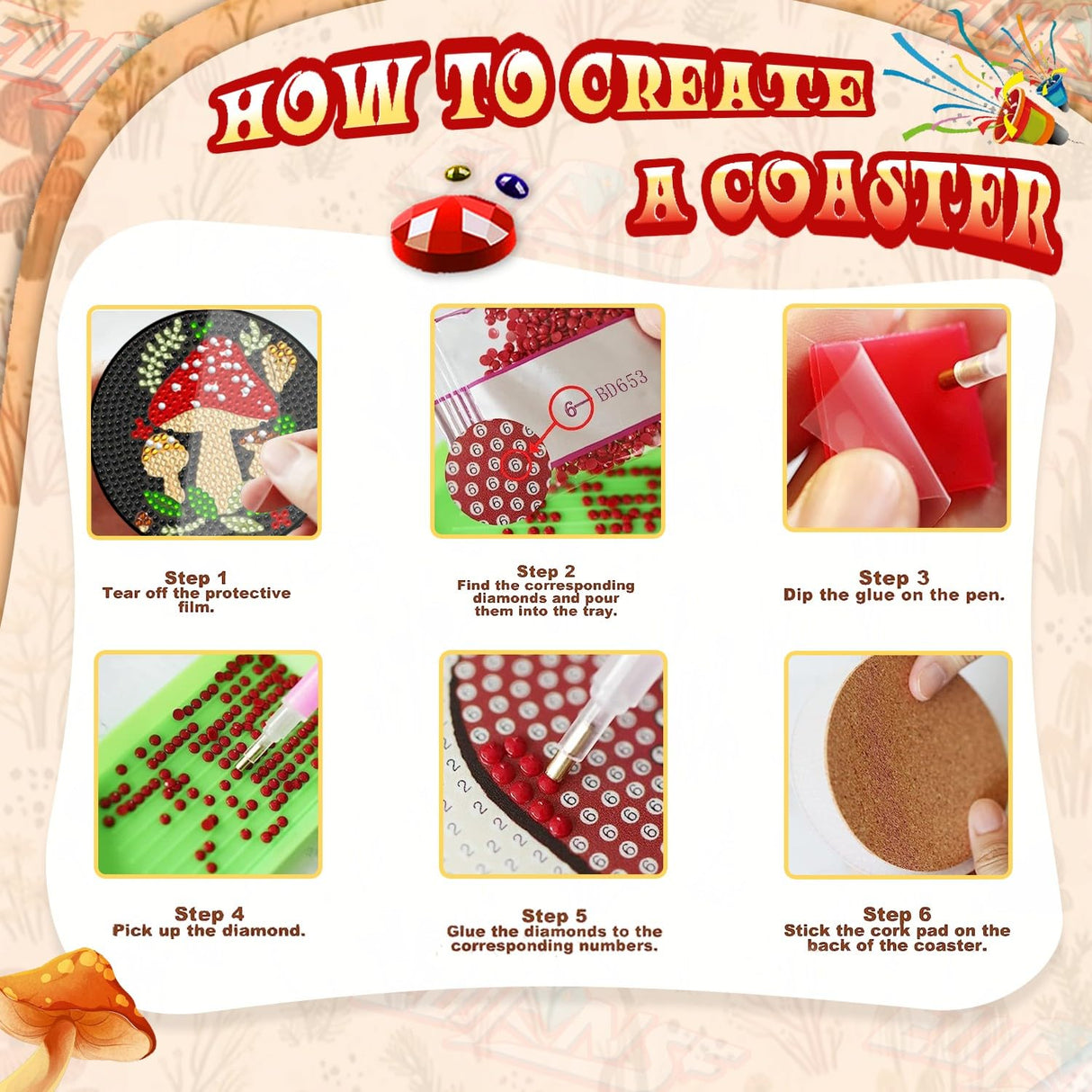 EWJRNSF 6 PCS Small Diamond Art Coasters Kits, Diamond Painting, Fall Diamond Art Kits for Adults Beginners, Arts and Crafts Item Sets with Holder for Drinks Mushroom EWJRNSF