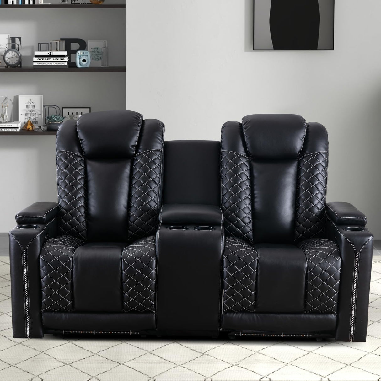 EBELLO Home Theater Seating, Electric Power Loveseat Recliner with USB Ports and Cup Holders, Breathable Faux Leather Dual Recliner with Hidden Arm Storage, for Living Room, Black EBELLO