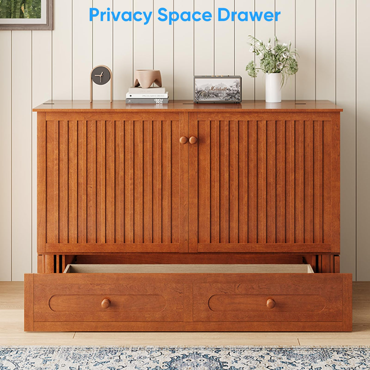 PUREMIND Queen Murphy Bed Cabinet - Solid Wood - Hideaway Chest Bed Frame with Storage Drawers, USB Charging Ports - Space Saving Wallbed for Bedroom, Guest Room, No Mattress Included (Cherry) PUREMIND