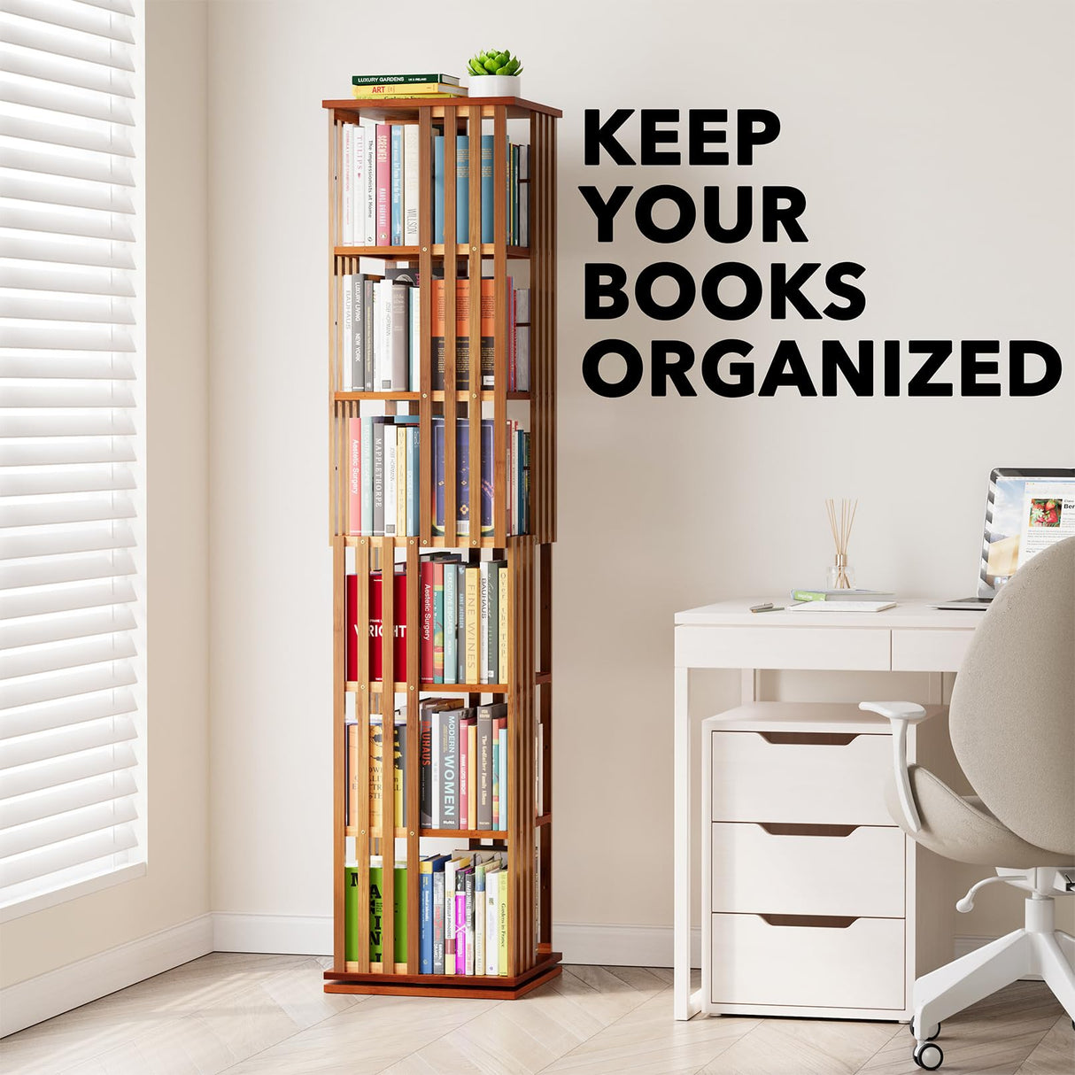 SpaceAid 6 Tier Rotating Bookshelf Tower, Bamboo Spinning Book Shelf, Revolving 360 Bookcase Storage Swivel Round Carousel, Vertical Rotate Turning Spiral Corner Organizer (6-Tier Walnut) SpaceAid