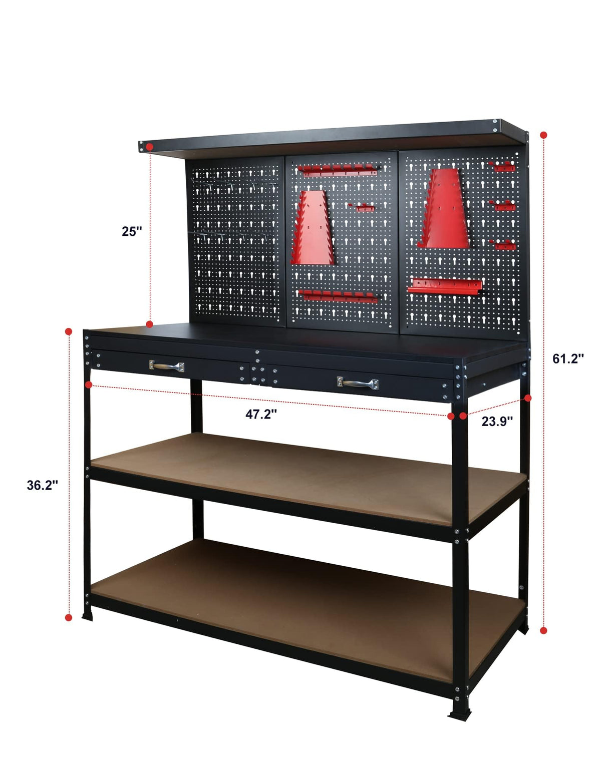 Prostormer 47.25 Inch Heavy Duty Workbench with Pegboard, Hooks, and Drawers - Sturdy Garage Work Table for DIY Projects, Home Workshop, and Tool Organization Prostormer