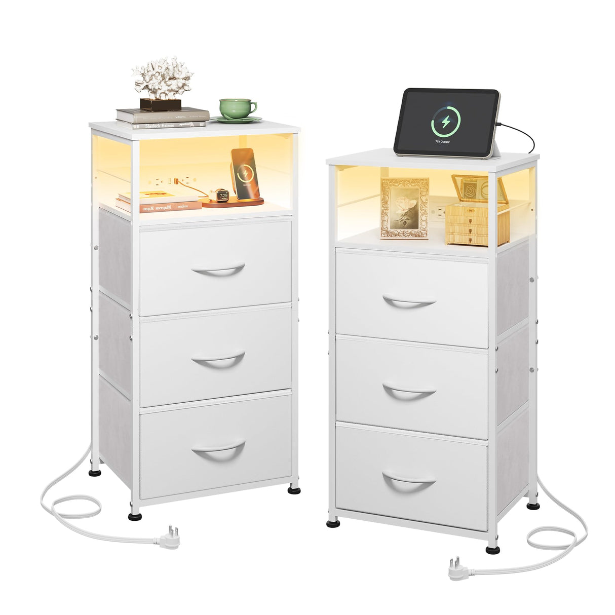 WLIVE Night Stand Set of 2 with Charging Station, LED Nightstand Sets with 3 Fabric Drawers, Tall Bedside Table with 3 USB Ports and 2 Outlets, Dresser for Small Space, 31.93" H Side Table for Bedroom WLIVE