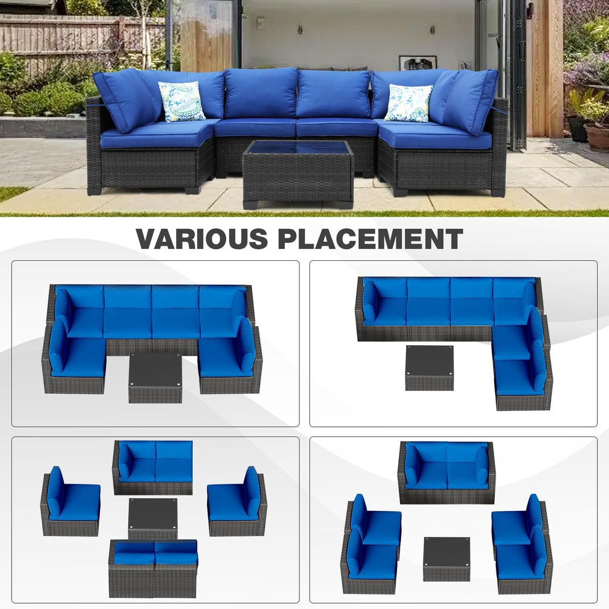 7 Pieces Outdoor Rattan Wicker Patio Set with Coffee Table, Armless Seats and Corner Seats, 2 Pillows Included,Sectional Furniture Chair Set,Coffee/Blue… Peacabo