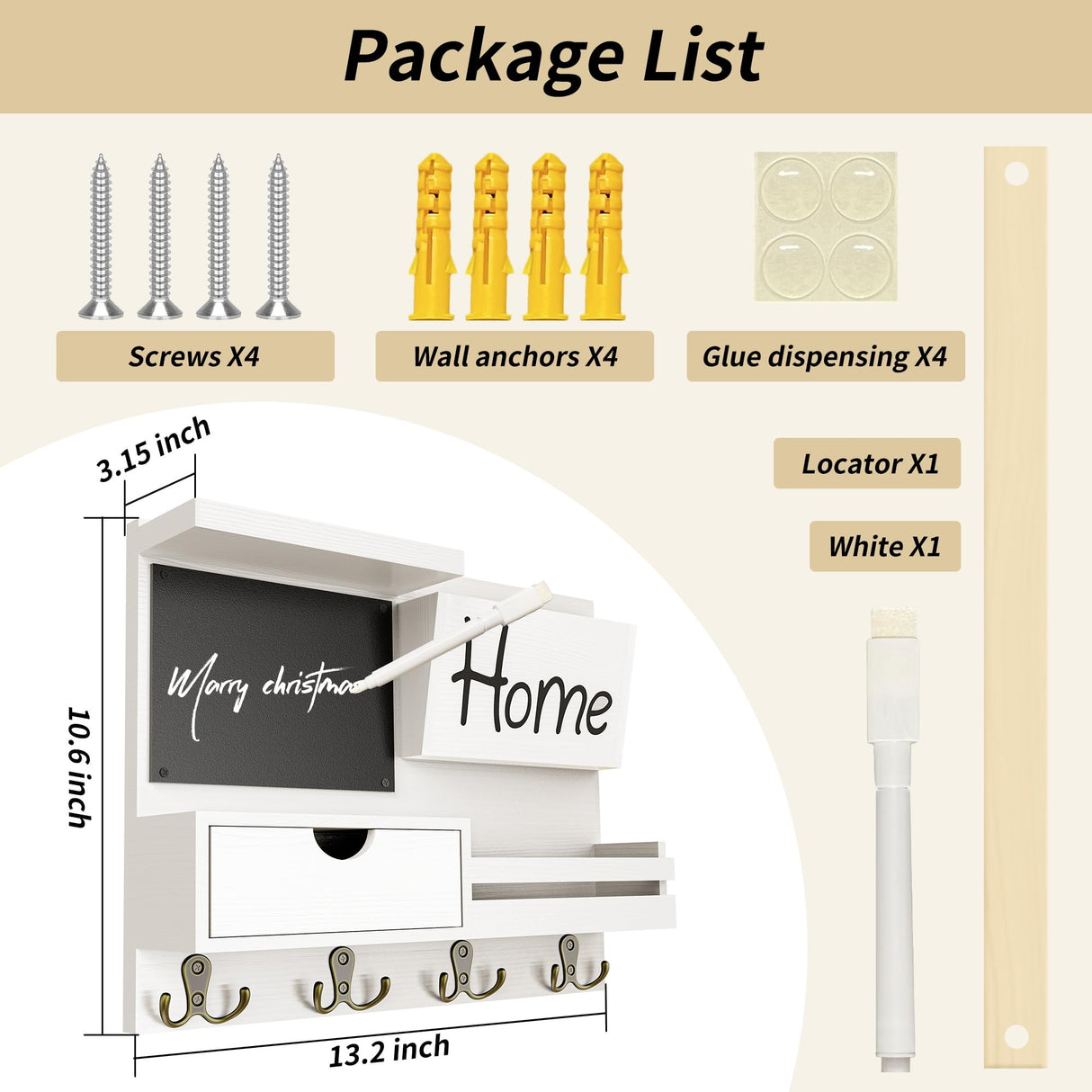 Farmhouse Key Holder for Wall with Mail Organizer - Easy Installation Wall Mount Organizer, Includes Chalkboard, Drawer, Wallet Holder & 4 Double Hooks, Ideal for Entryway, Quick Access - White Dvobez