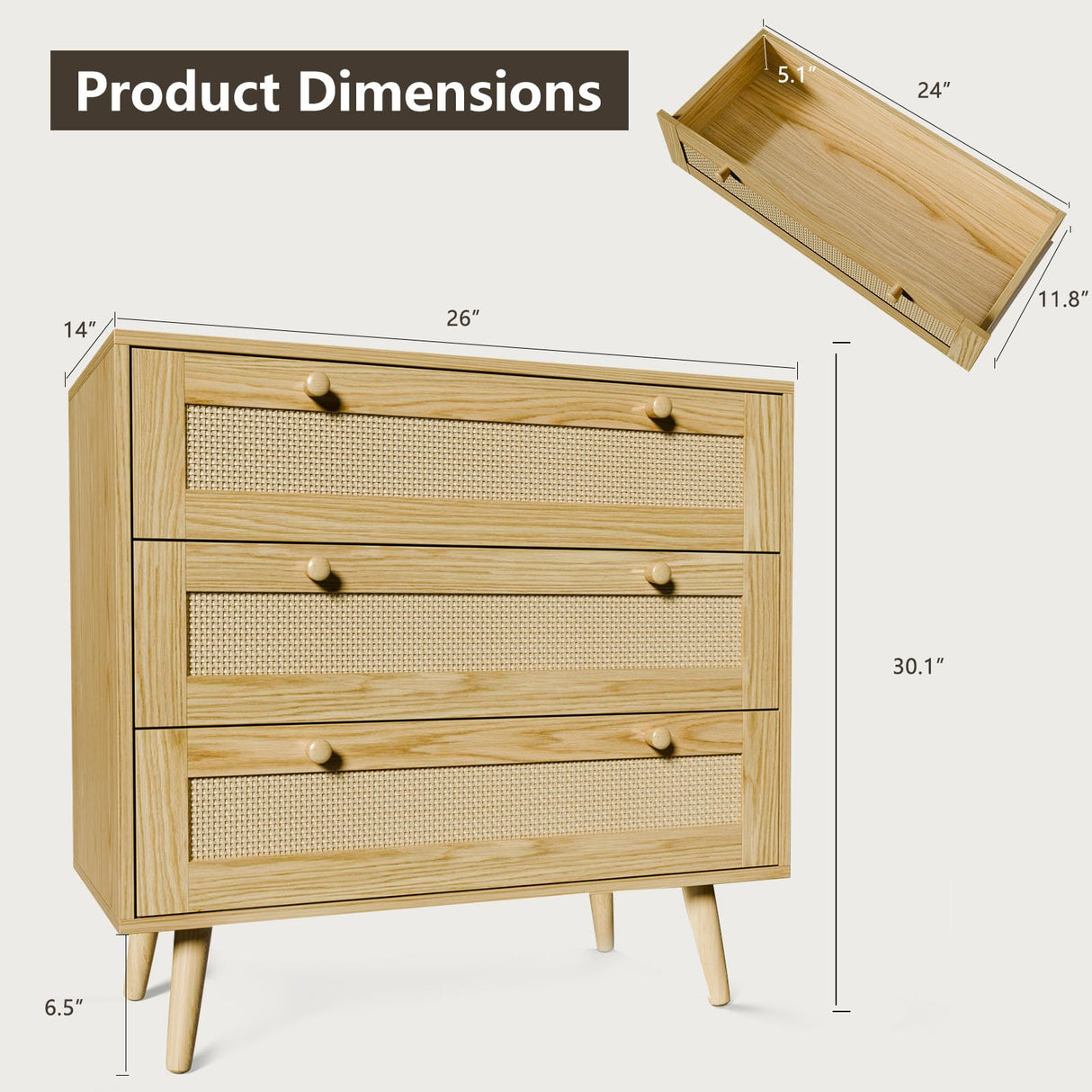 FURNIinspire 3 Drawer Dresser for Bedroom, Boho Dresser Chest with Handles for Bedroom Hallway Living Room FURNIinspire