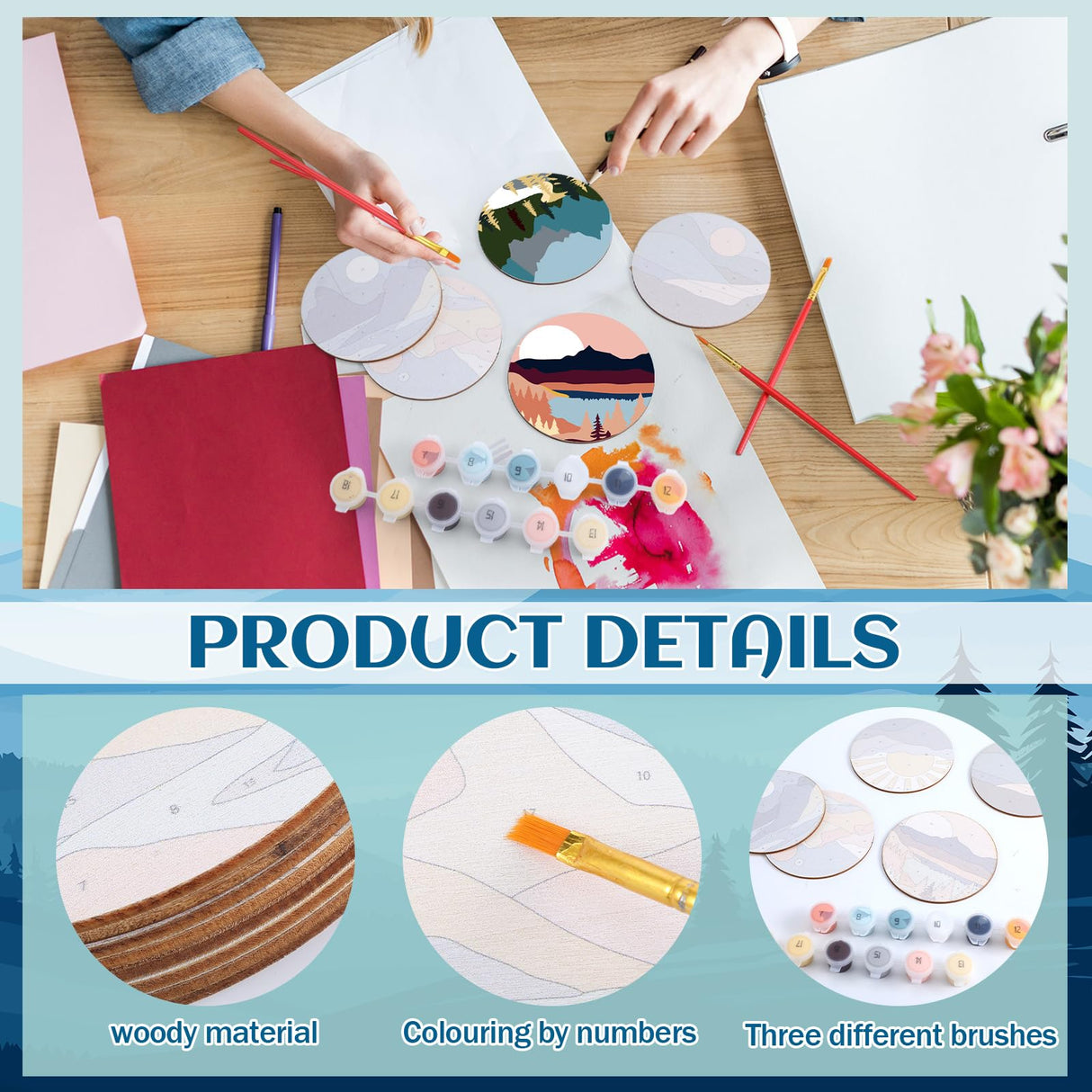 Reallnaive 8 Pcs Mountain Paint by Numbers Kit for Adults Cute Coasters with Holder Mini Paint by Numbers Kits Round Oil Painting Drink Coaster for Small DIY Craft Birthday Gift Reallnaive