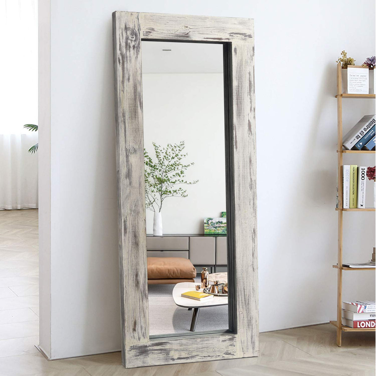 KIAYACI Full Length Mirror Floor Mirror Wood Frame Wall Mounted Mirror Distressed Style Wide Frame Dressing Make Up Mirror for Bathroom/Bedroom/Living Room/Entry/Farmhouse (Light Gray, 58" x 24") KIAYACI