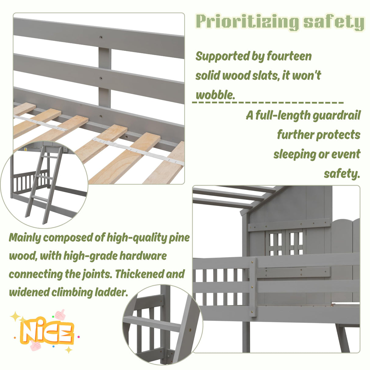 Harper & Bright Designs House Bunk Bed Twin Over Twin for Kids, Wood Bunk Beds with Roof, Windows, Window Box and Small Door, Floor Bunk Beds with Ladder and Guard Rails for Girls Boys,Grey Harper & Bright Designs