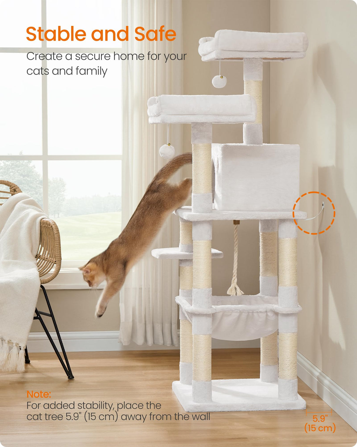 Feandrea Cat Tree, 56.3-Inch Cat Tower for Indoor Cats, Multi-Level Cat Condo with 11 Scratching Posts, 2 Perches, Cave, Hammock, Cream White UPCT015W02 Feandrea