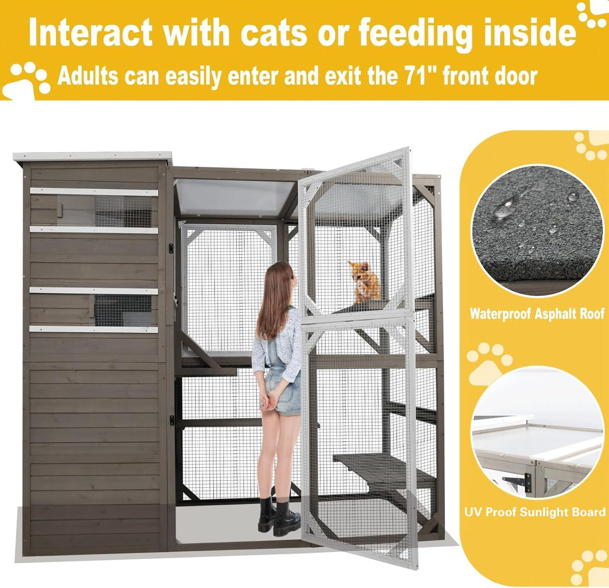 Gowoodhut Large Outdoor Catio Cat Enclosures - Wooden Cat House Weatherproof with Multi Platforms & Weather Resistant Roof, Catio Combined- 71" H 77" L Gowoodhut