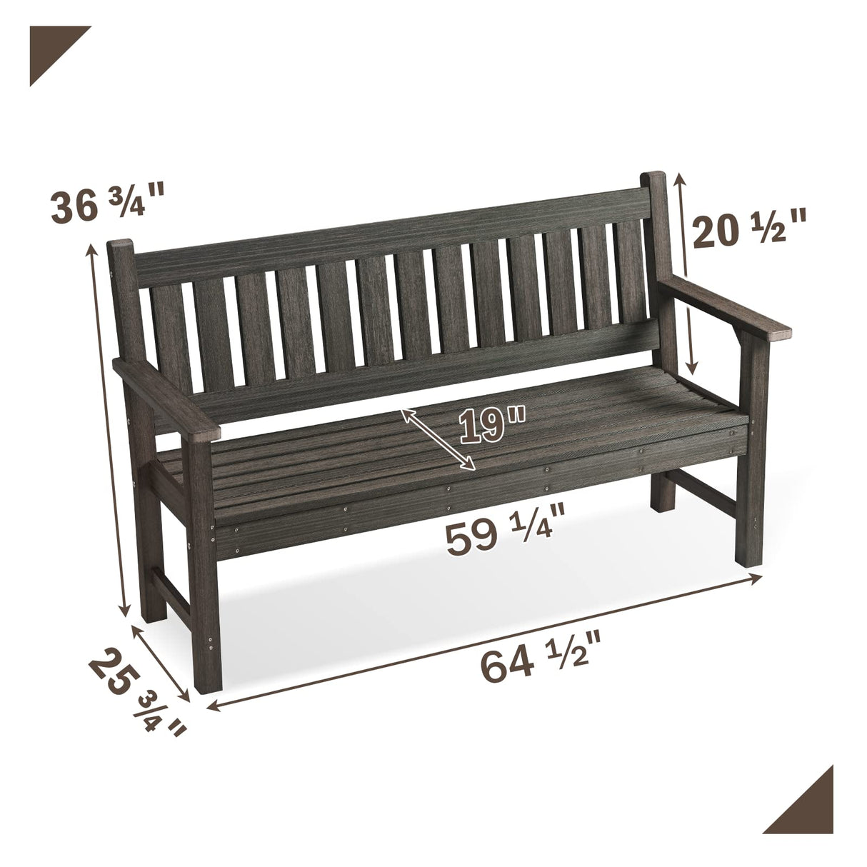 ACUEL Outdoor Bench, 3-Person Garden Bench, Poly Lumber Patio Bench for Outdoors, Porch, and Park (Dark Brown) ACUEL