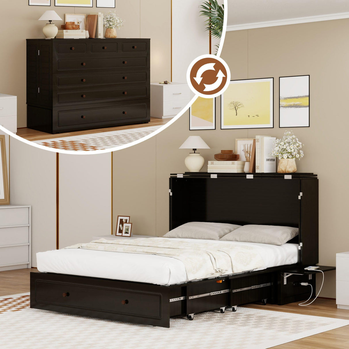 Tafeumob Murphy Bed Queen Size: Murphy Bed Cabinet with Drawer Space-Saving with Shelves&Charging Station for Bedroom, Multipurpose Area, Guest Room, Apartment Black (Mattress not Included) Tafeumob