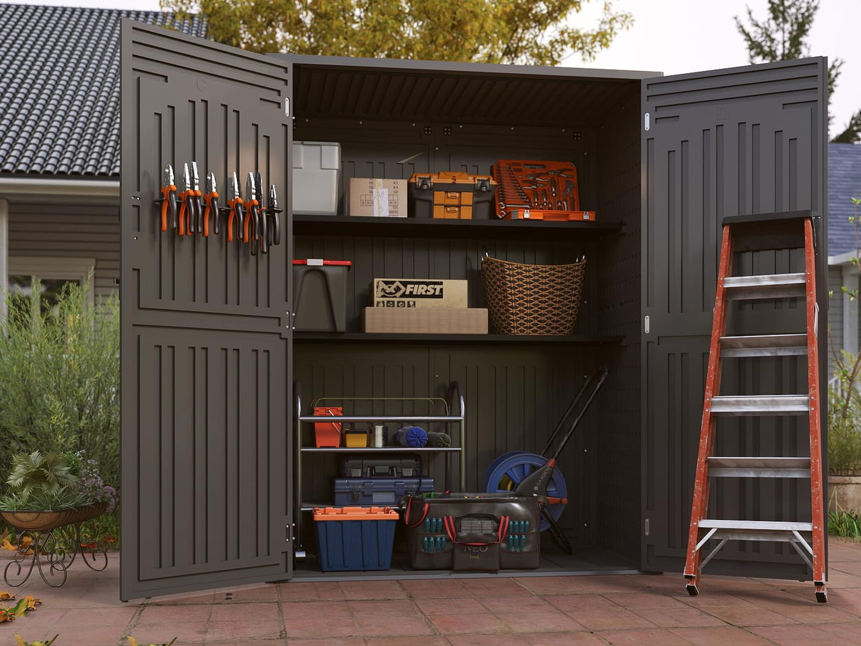 EHHLY Vertical Resin Storage Shed, 60 Cuft Garden Tool Sheds & Outdoor Storage, Plastic Outdoor Storage Cabinet Waterproof, 4.5 x 2.3 ft Backyard Outside Lawn Mower Storage Shed, Grey EHHLY