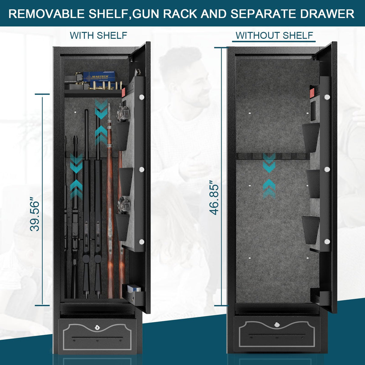 8 Gun Safe Rifle,Gun Safe for Rifles and Pistols,Large Rifle Safe with Drawer,Gun Cabinet for Rifles and Shotguns with/without Scopes,Rifle Gun Safe with Removable Shelf and Gun Rack Karini