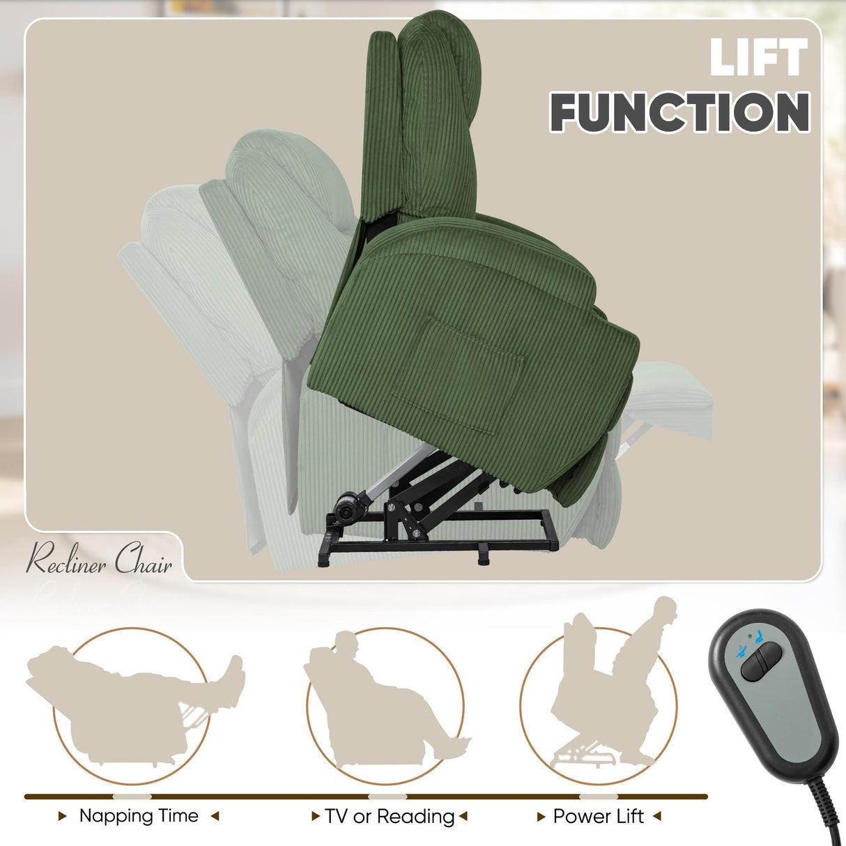VICTONE Electric Power Lift Recliner Chair for Elderly Reclining Sofa for Living Room with Massage, Side Pockets and Cup Holders (Corduroy, Green) VICTONE