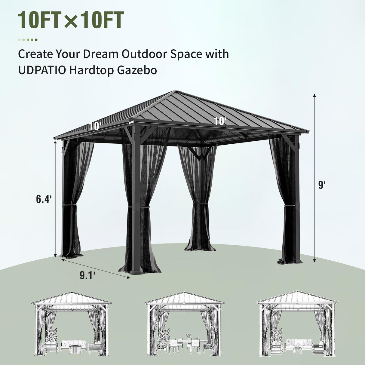 UDPATIO 10' x 10' Hardtop Gazebo, Metal Gazebo with Galvanized Steel Roof, Outdoor Permanent Pavilion with Netting for Patio, Backyard, Deck and Lawns UDPATIO