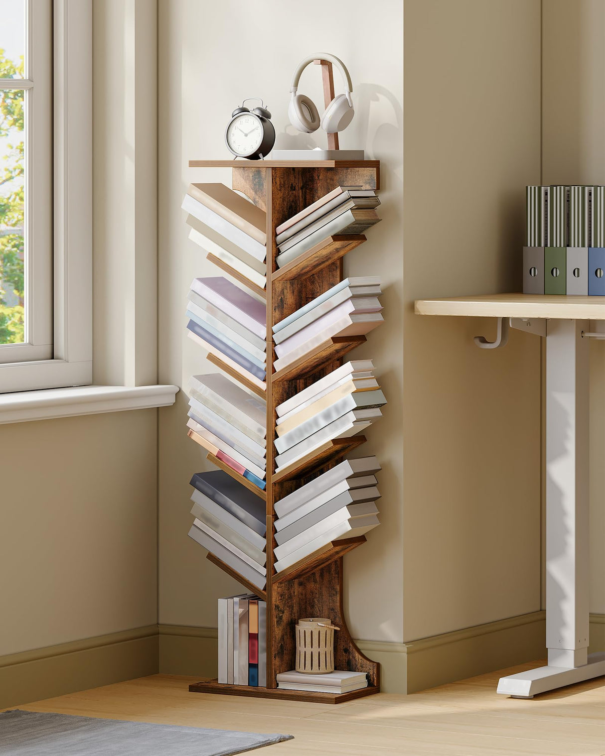 Hzuaneri Tree Bookshelf, 11 Tier Narrow Bookcase, Display Shelf, Book Organizer, Small Floor Standing Book Shelf for Bedroom, Living Room, Home Office, Rustic Brown BC01601X Hzuaneri