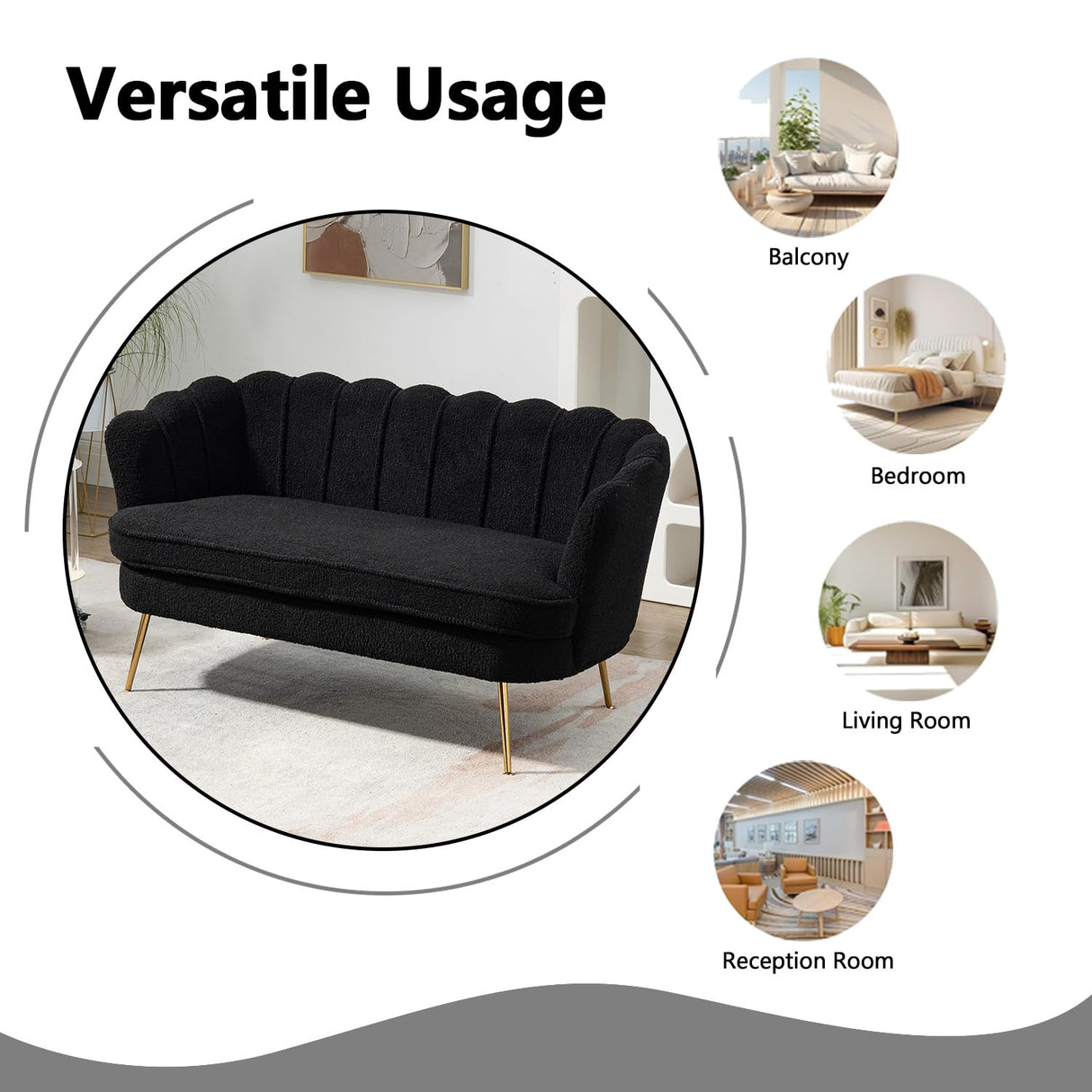 Anwick 59" Small Modern Chenille Loveseat Sofa, 2-Seater Sofa with Gold Metal Legs, Small Couch with Flower Shaped Back for Living Room Bedroom Office (Black) Anwick