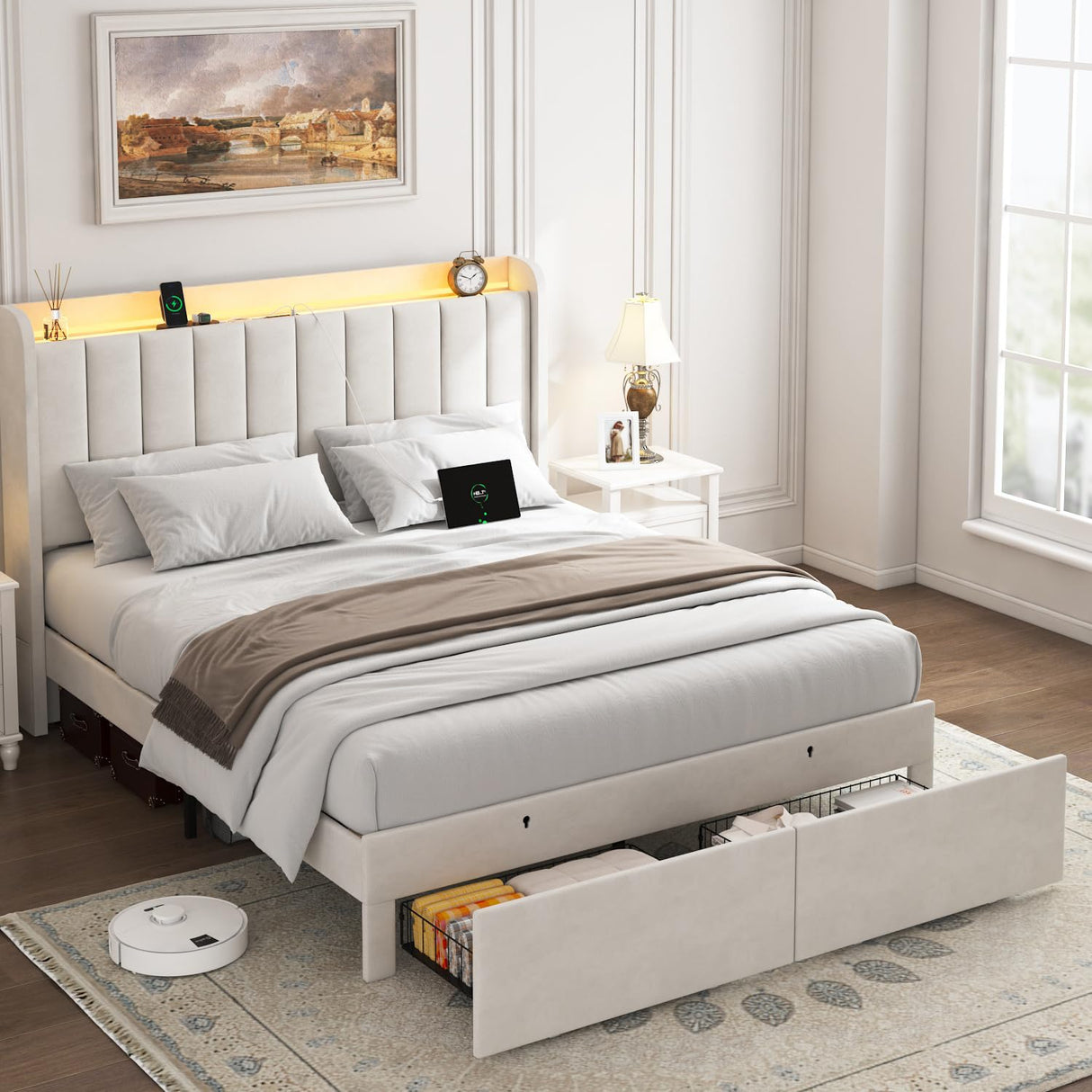 TIGUBFRE Beige Full Size Upholstered Bed Frame with LED Lights, Storage Headboard, and Drawers TIGUBFRE