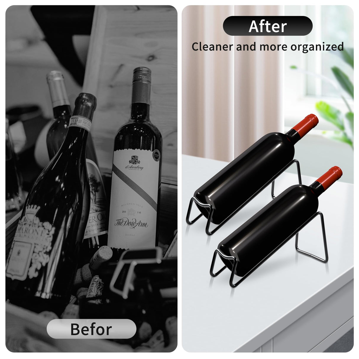 TONLEA Countertop Wine Rack, 2 Pcs Wine Bottle Holder, Metal Small Wine Rack, Tabletop Wine Storage Stand for Cabinet, Pantry, Bar, Black TONLEA