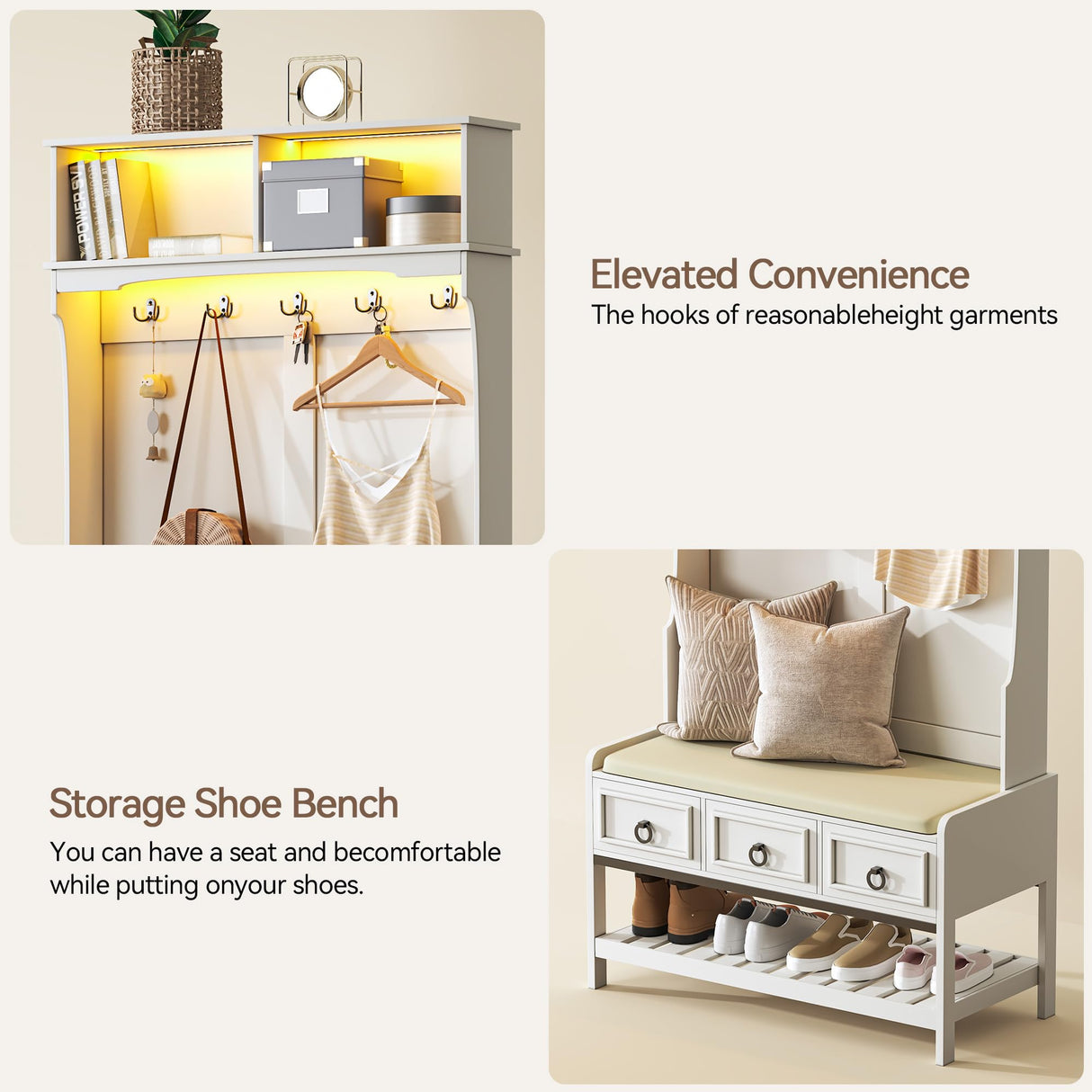 Gurexl 67” Farmhouse Hall Tree with Shoe Storage, Auto Sensor Wood Coat Tree with LED Lights, 3-in-1 Entryway Bench with Coat Rack, Hooks and Drawers for Hallway, Living Room, Bedroom (White) Gurexl