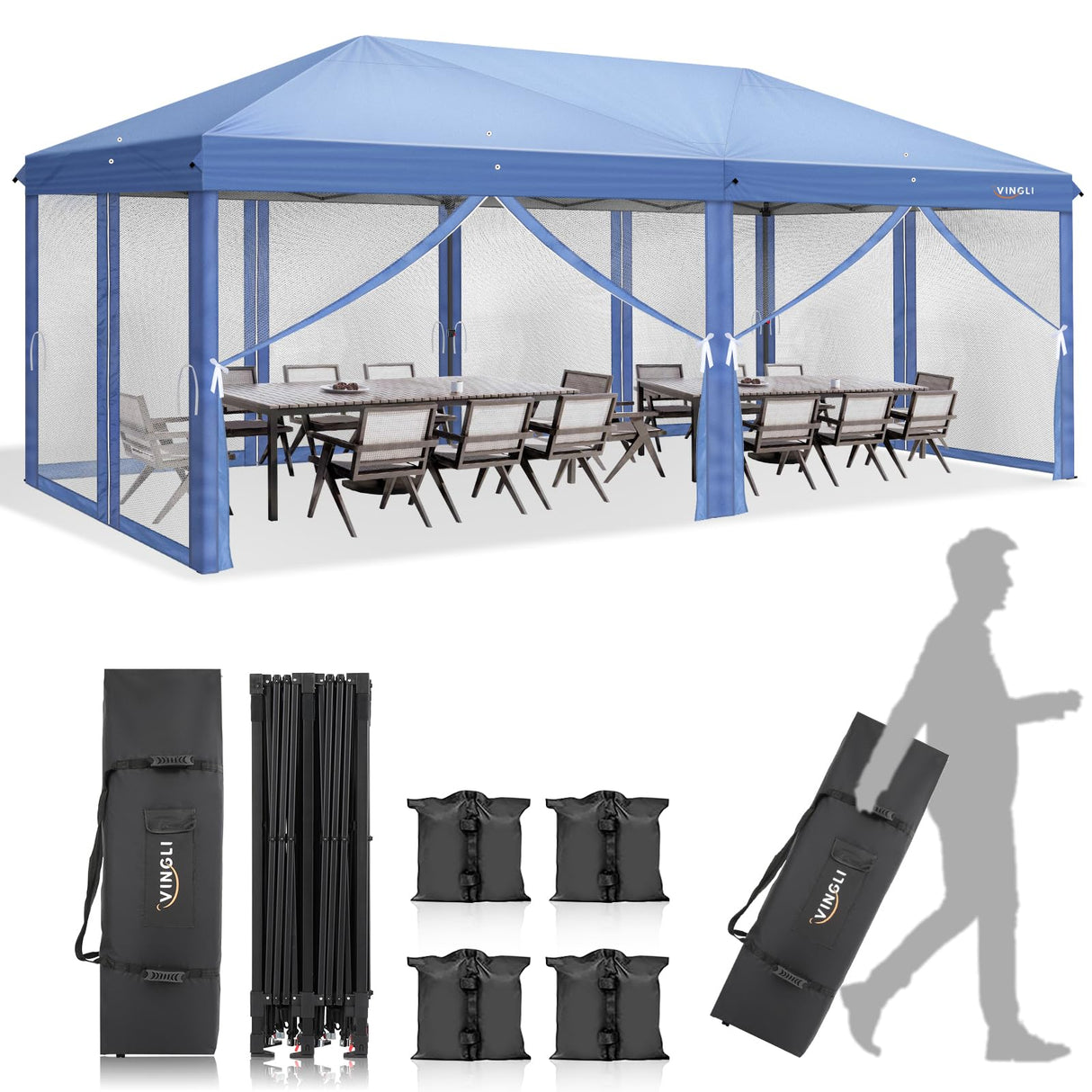 VINGLI 10x20 Pop Up Canopy with Sidewalls Wheeled Bag Easy Up Canopy Tent with Nettings, Screened in Gazebo for Camping Screened Canopy (Blue, 10x20) VINGLI