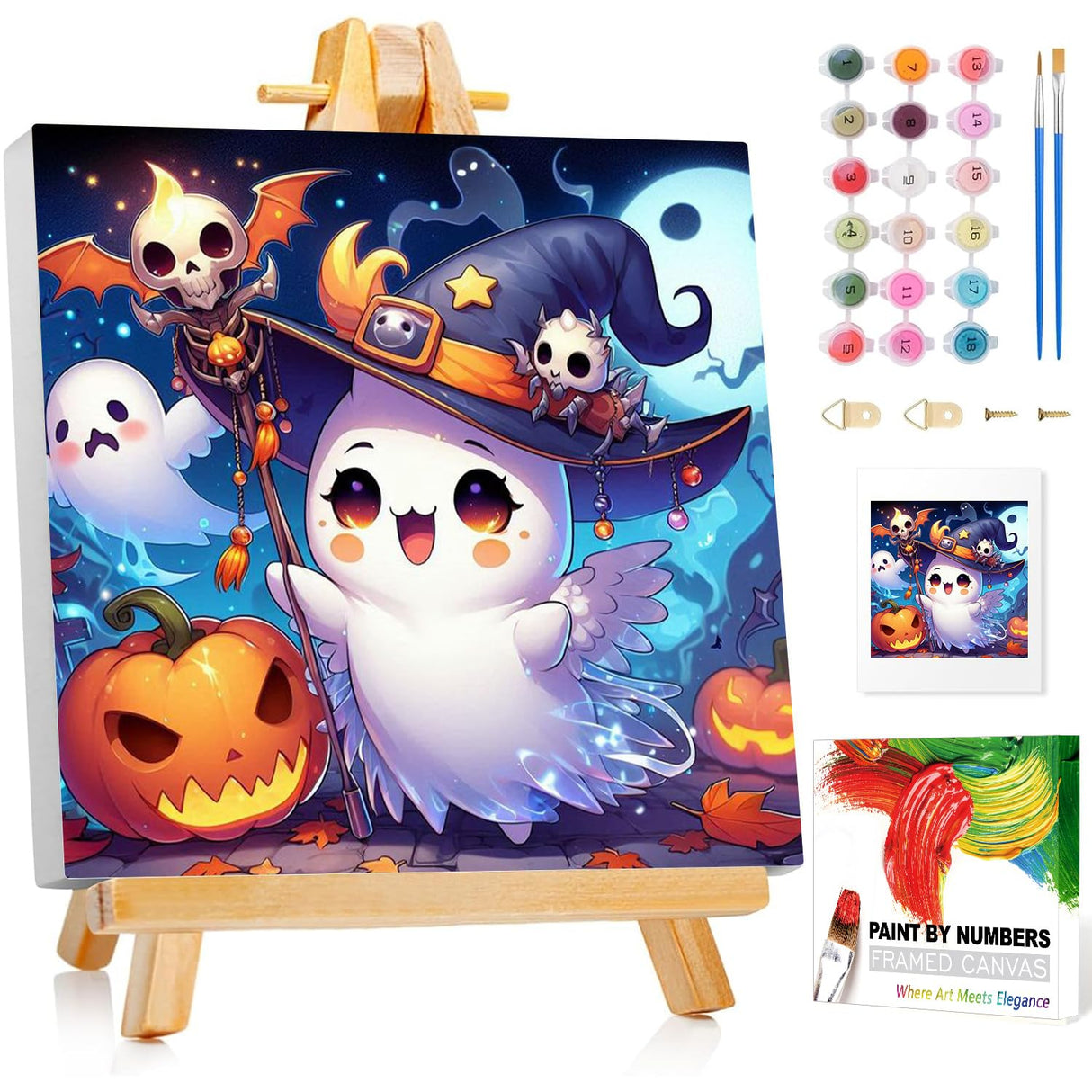 Reivworl Ghost Paint by Numbers Kit for Kids, Ghost Paint by Number with Frame and Easel, Paint by Number Kids Age 5-8-12 for Gifts and Decor (8X8 Inch) Reivworl
