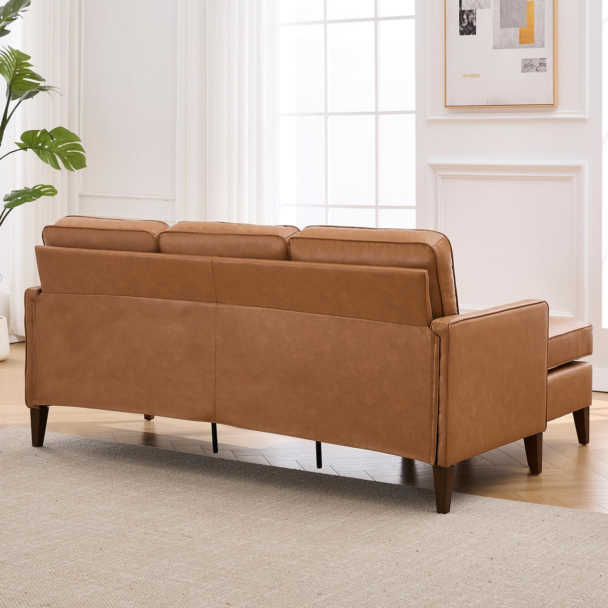 HAOMARKETS Faux Leather L Shaped Couch with Solid Wood Feet, 3-Seater Sofa with Reversible Chaise for Apartment Small Spaces, Sectional Couches for Living Room, Cognac Brown HAOMARKETS