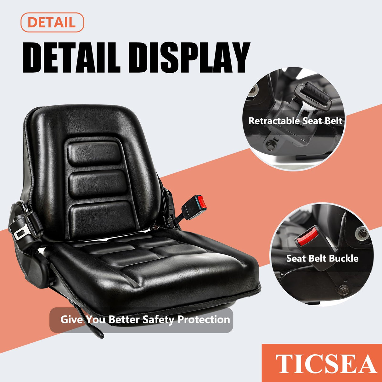 TICSEA Universal Forklift Seat with Adjustable Back,Safety Belt And Operator Position Switch,for Tractor,Excavator Skid Loader Backhoe Dozer Telehandler TICSEA