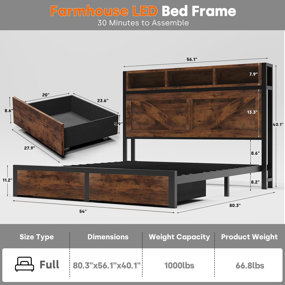 Incyneva Farmhouse Full Bed Frame with Bookcase Storage Headboard, Charging Station, LED Light and 2 Storage Drawers, Noise Free, No Box Spring Needed, Brown Incyneva