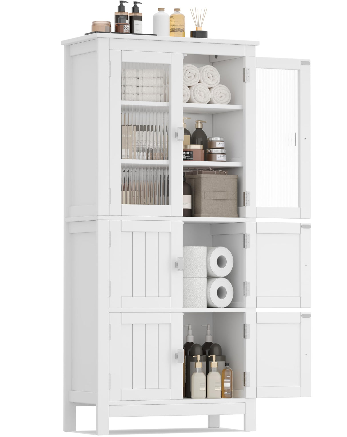 Akxomel 53.1" Tall Bathroom Storage Cabinet with 6 Doors and Adjustable Shlef, Bathroom Organizers and Storage, Linen Cabinet, Cupboard for Living Room, Kitchen, Entryway, White Akxomel