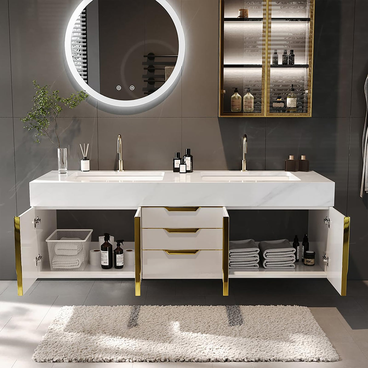 Weibath 59" Wall Mounted Bathroom Vanity Modern Bathroom Vanity with Double Sink & Drawers & Doors Faux Marble Top Weibath