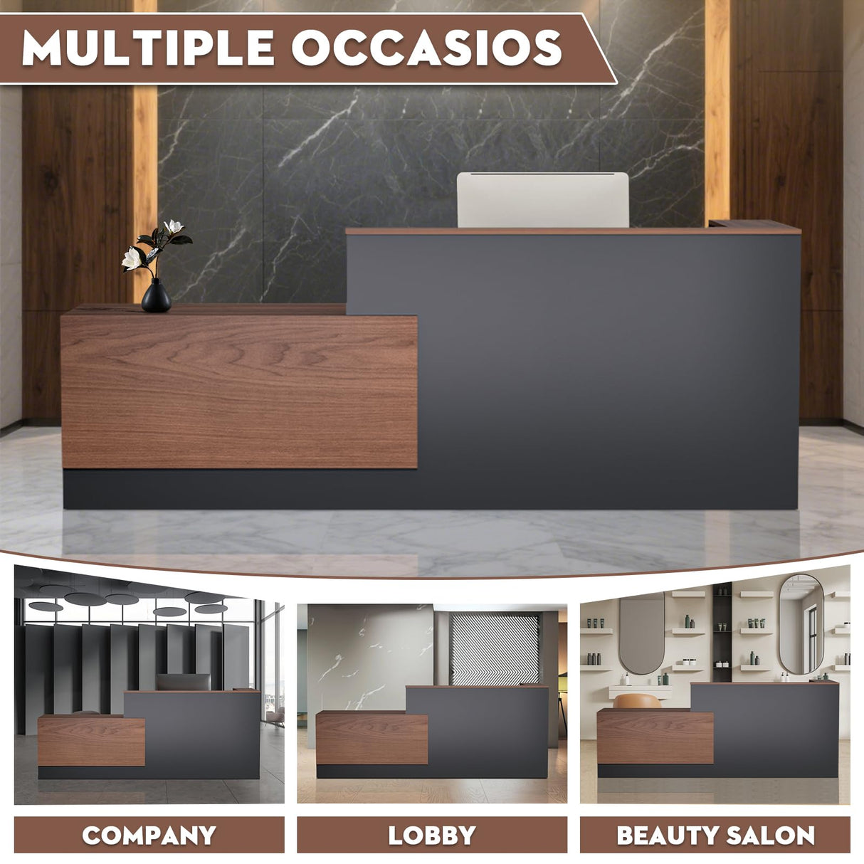 L-Shaped Modern Large Wooden Commercial Reception Desk with Counter & Shelves, Front Reception Desk Counter Table with Storage, Drawers for Offices,Home (Brown + Black, Left- 84''L x 34''W x 41''H) Drexo