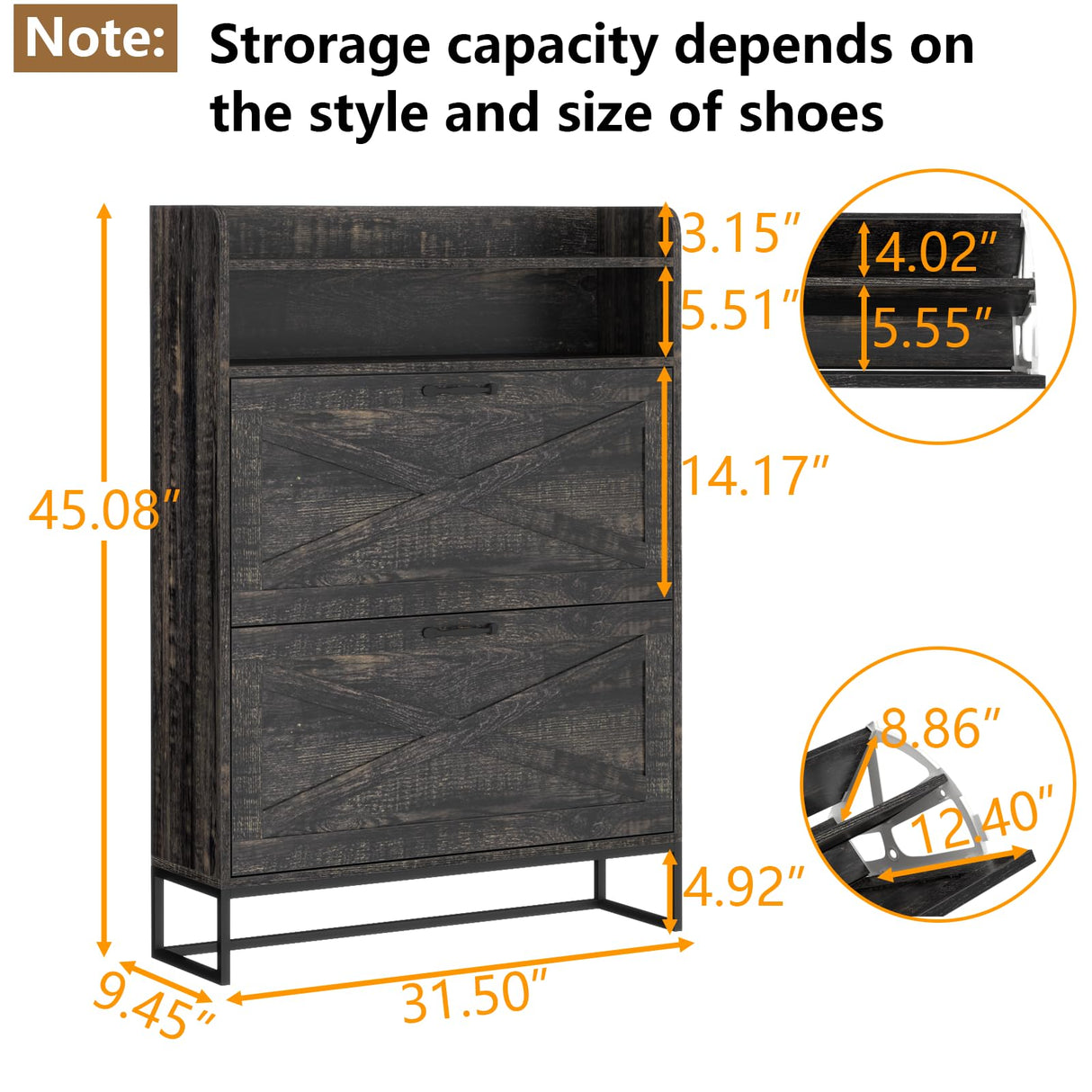 Auromie Shoe Cabinet, Freestanding Tipping Bucket Shoe Storage Cabinet with 2 Flip Drawers, Entryway Shoe Rack with Storage Top Cubby, Narrow Slim Hidden Shoe Organizer with Doors (Black Oak) Auromie