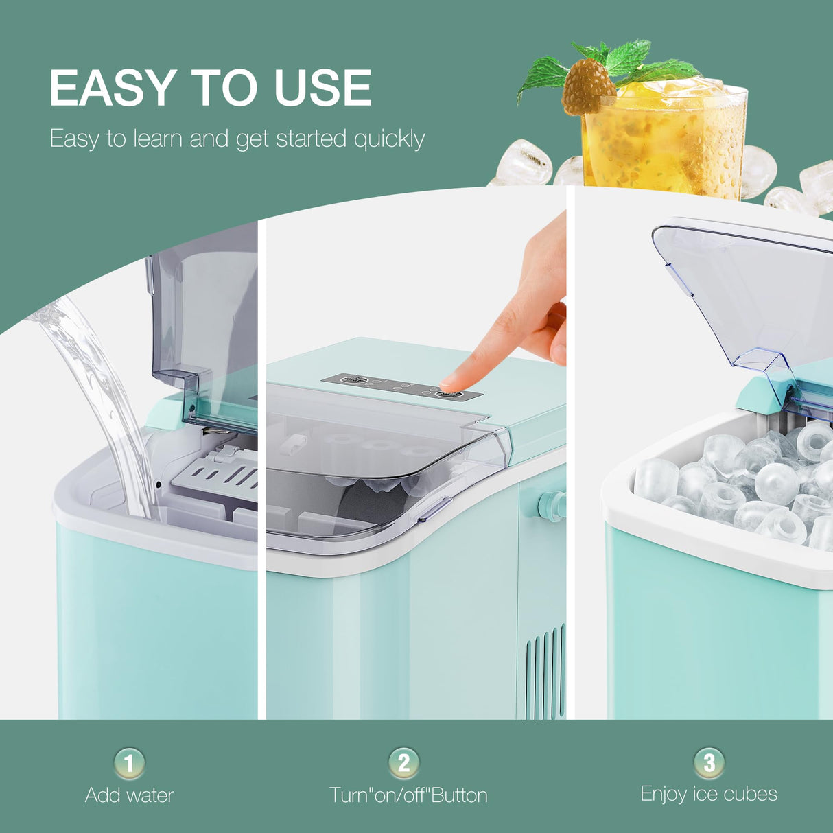 SMUG Countertop Ice Maker, 9 Cubes in 6 Mins, 26lbs in 24Hrs, 2 Sizes of Bullet Ice, Auto-Cleaning, Portable Ice Machine with Handle, Basket and Scoop for Home Kitchen, Party and Camping (Green) SMUG