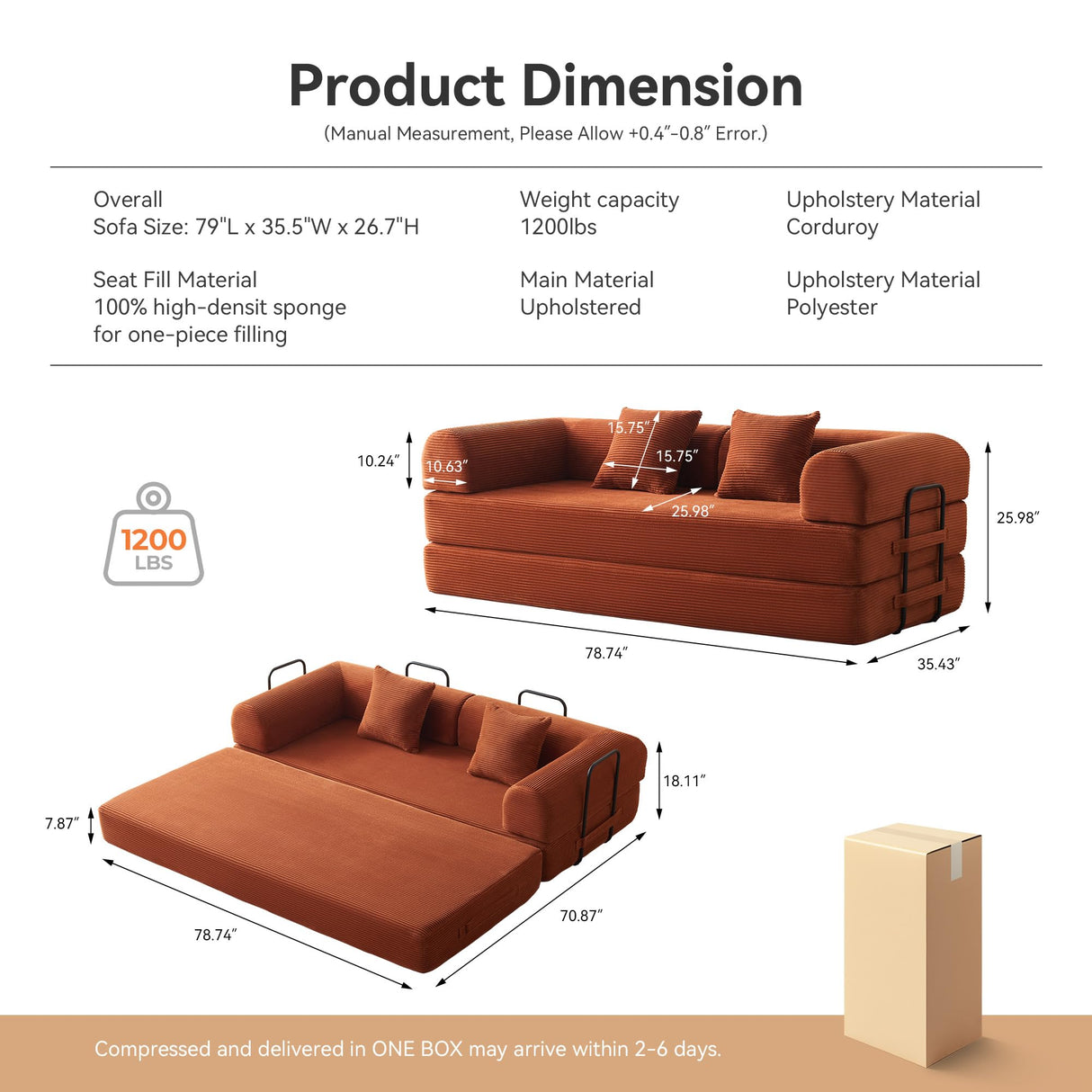 QQR Convertible Sleeper Sofa Bed with Cylindrical Pillow, Modern Corduroy Futon Bed, Modular Sofa with Pull-Out Bed, Love Seat Sleeper for Living Room, Small Space Apartment, Office (Orange) QQR