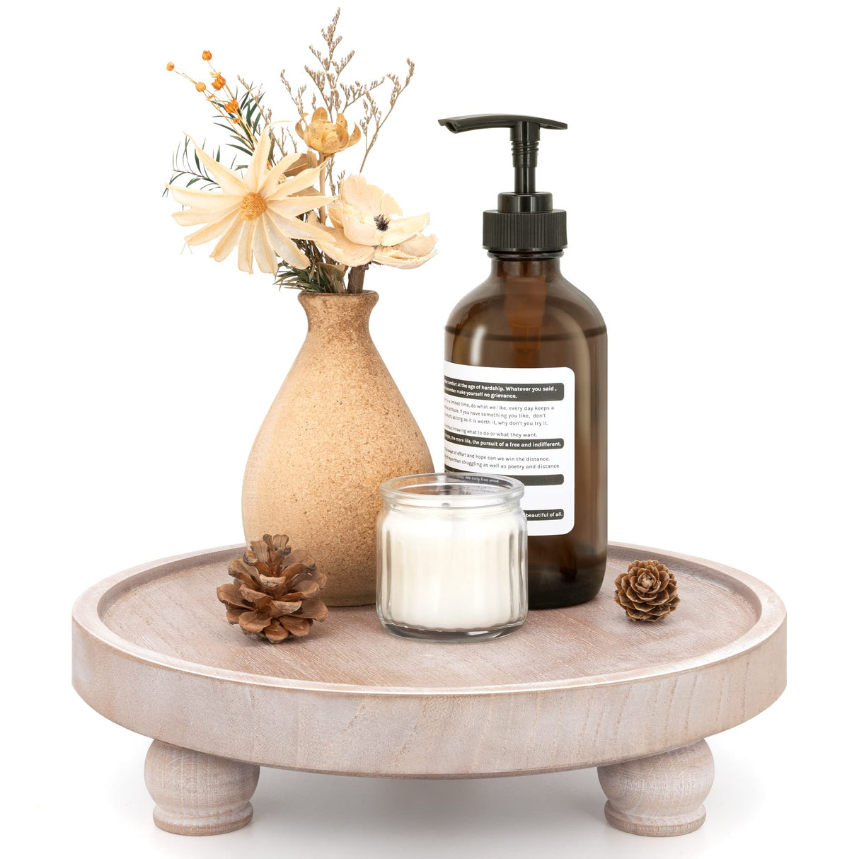 EOSAHR Farmhouse Wood Riser for Display : Decorative Pedestal Stand for Kitchen Counter and Home Decor - Elegant Round Waterproof Display Tray for Bathroom Soap, Sink, Vase (Natural Wood) EOSAHR