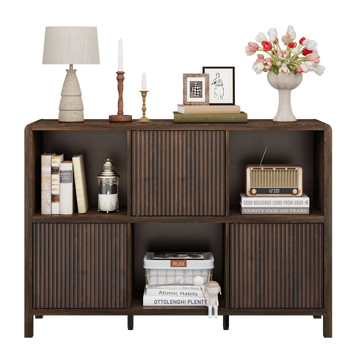 FATORRI 6 Cube Storage Organizer Book Shelf, Horizontal Bookshelf with 3 Doors, 3 Tier Wooden Bookcase for Living Room, Home Office (Dark Walnut) FATORRI