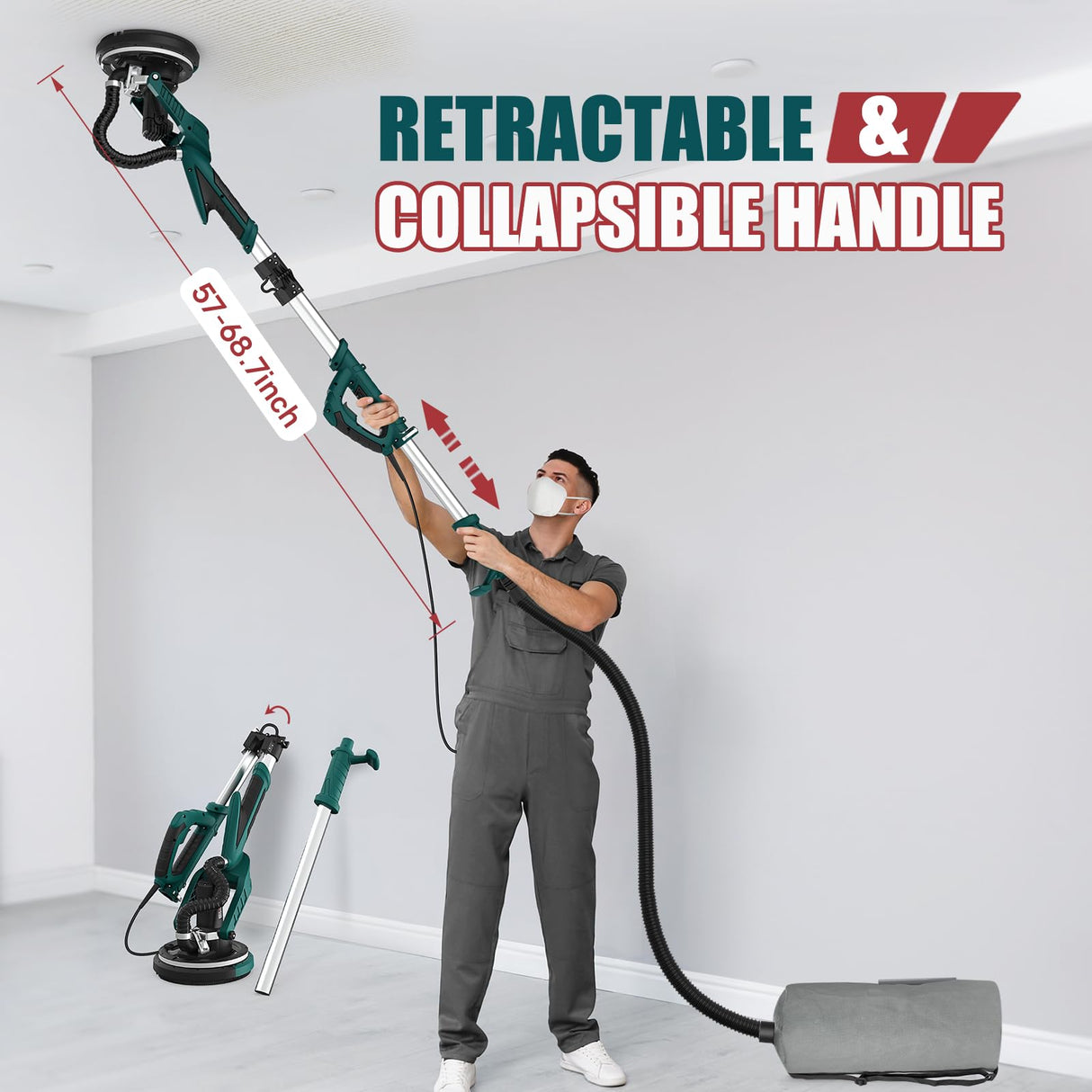 NEU MASTER Drywall Sander, Electric Drywall Sander Variable Speed Pole Sander with Vacuum, 900-1800RPM Foldable Ceiling Sander with 12 Sanding Discs, LED Light, Extendable Handle, Dust Bag and Hose NEU MASTER