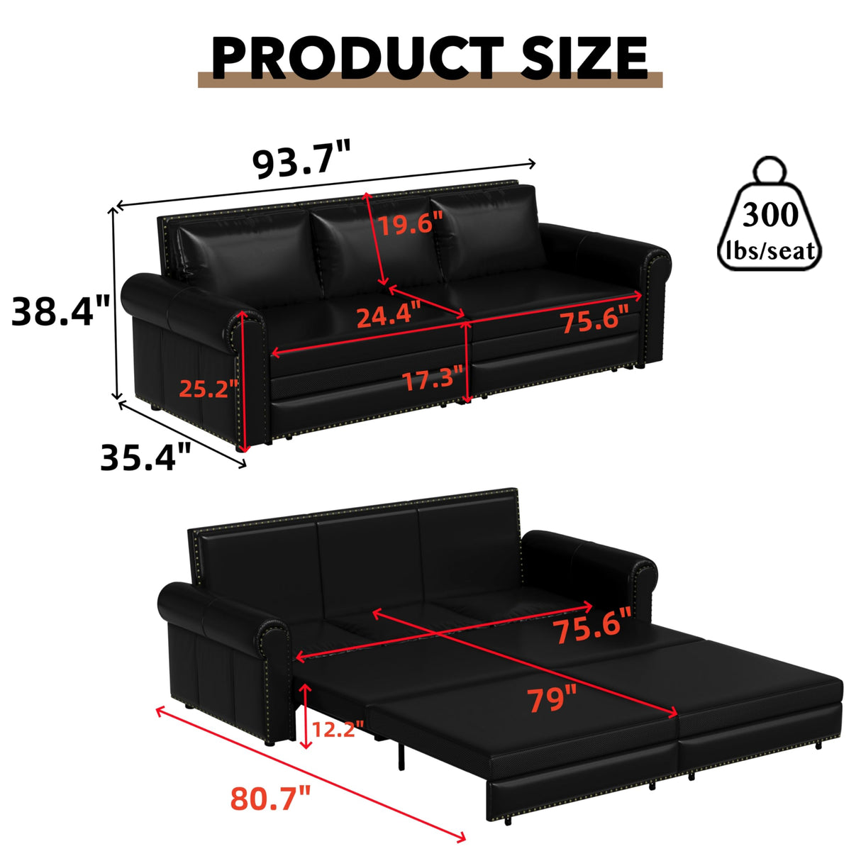 LuxyHoom 93.7" King Size Sleeper Sofa Bed, Pull Out Sofa Bed, Faux Leather Upholstery, 3 in 1 Convertible Sleeper Couch, Chaise Lounge, Retro Recliner for Living Room, Office, Apartment, Black LuxyHoom