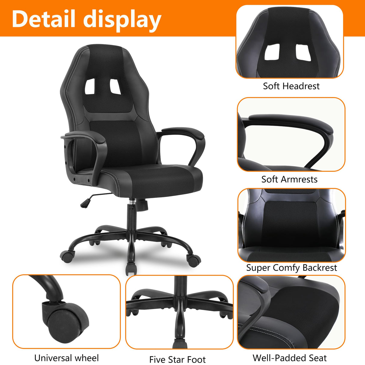 PayLessHere Gaming Chair Ergonomic Office Chair Computer Chair with Lumbar Support Ergonomic Pu Leather Adjustable Height Executive Chair for Women Men and Adults (Classic, Black) PayLessHere