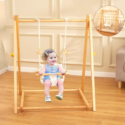 FUNLIO Wooden Swing Set for Toddlers 6-36 Months, Foldable Baby Swing Set with Durable Pine & Velcro, Portable Toddler Swing with 4 Sandbags & Extension Straps, Kid Swing for Indoor/Outdoor/Backyard