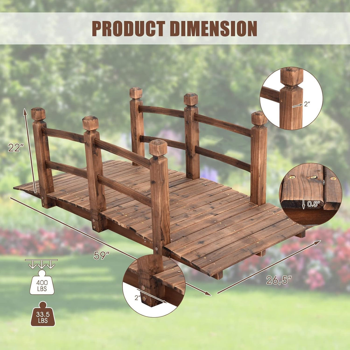 Giantex 5 FT Wooden Garden Bridge, Stained Wood Arc Footbridge with Railings, 400 lbs Capacity, Decorative Pond Bridge for Outdoor Garden Yard Backyard Creek Farm (Brown) Giantex