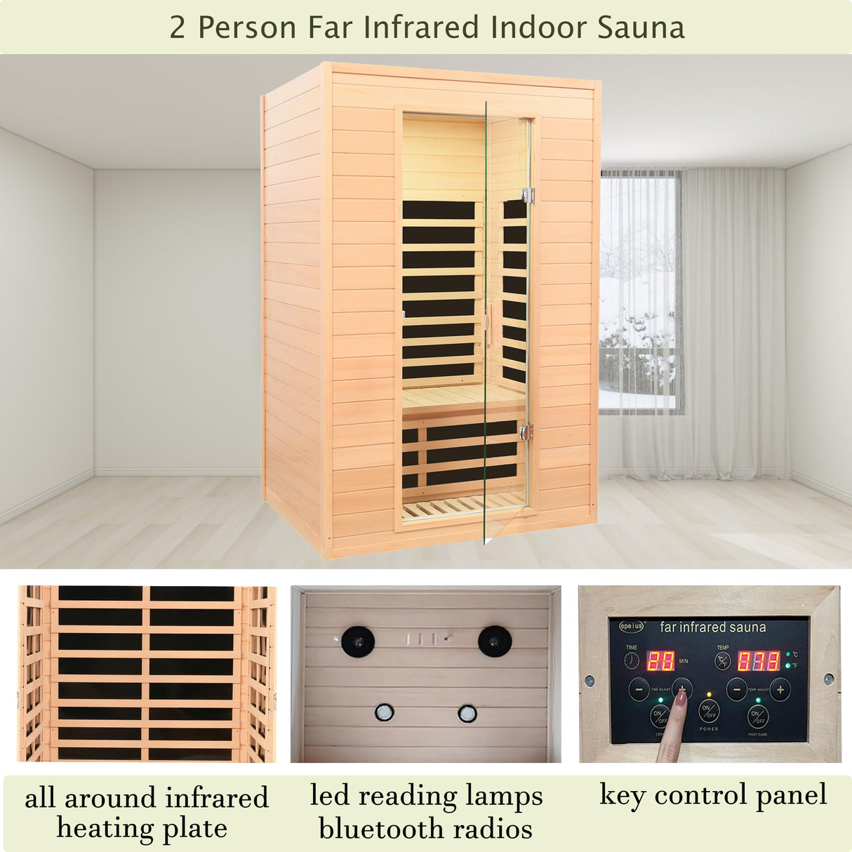 KUNSANA 2 Person Infrared Sauna, Low EMF Infrared Saunas for Home 2 Person Indoor Home Sauna Canadian Hemlock Wooden Sauna Room with Bluetooth Speakers, LED Reading Lamps, 1500Watt KUNSANA