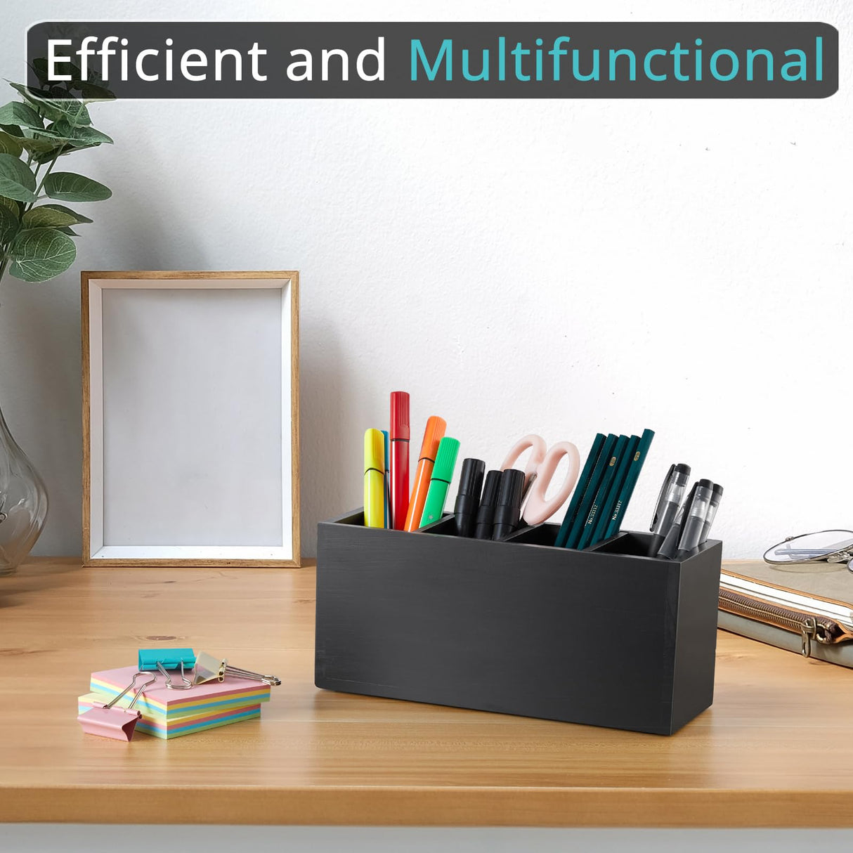 Bivvclaz Pencil Pen Holder for Desk, Wooden Office Desk Organizers and Accessories with 4 Slots for Countertop, Makeup Brush Holder Organizer for Bathroom Vanity, Silverware Caddy for Party, Black Bivvclaz