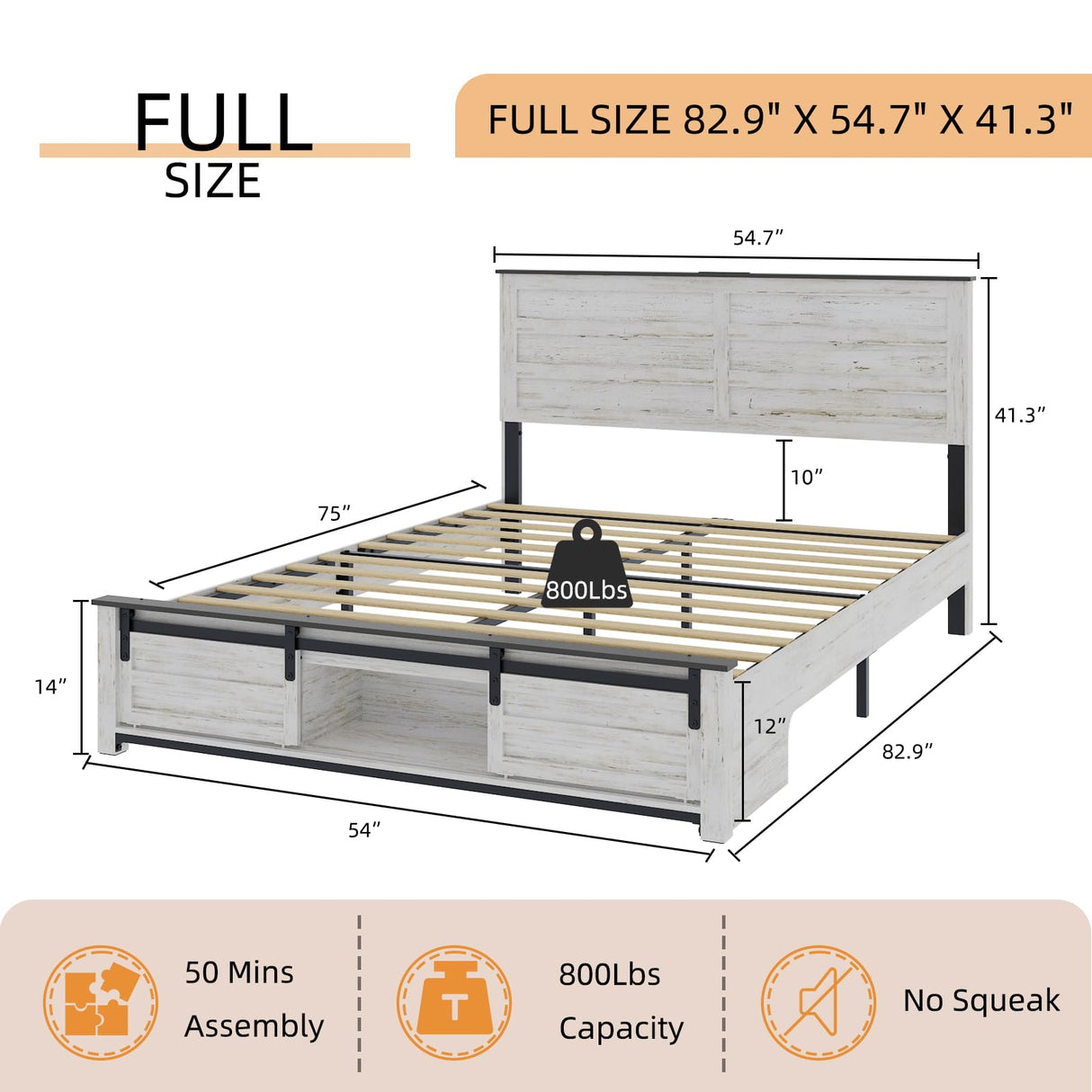 Wooden Full Size Bed Frame with Headboard – Boho White Rustic Farmhouse Storage Platform Bed with Charging Station & Sliding Barn Door Footboard, No Box Spring Needed, Noise-Free, Solid Wood Slats QNICE