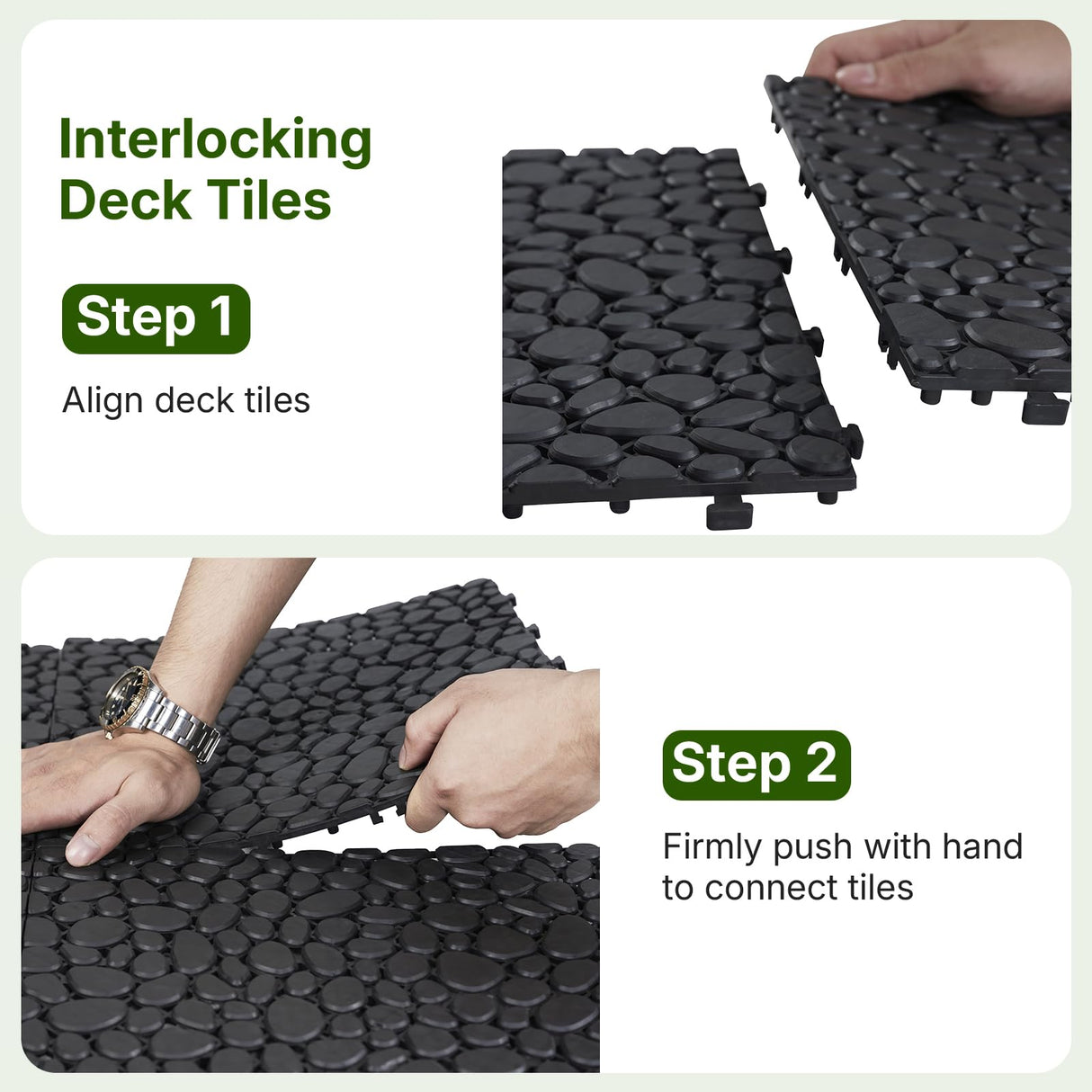 Rovibek 60PCS Plastic Interlocking Deck Tiles Outdoor, 12"x12" Pebble Interlocking Tiles for Outdoor Patio Flooring, All Weather, Non-Slip Plastic Drainage Tile for Bathroom Balcony Backyard, Black Rovibek