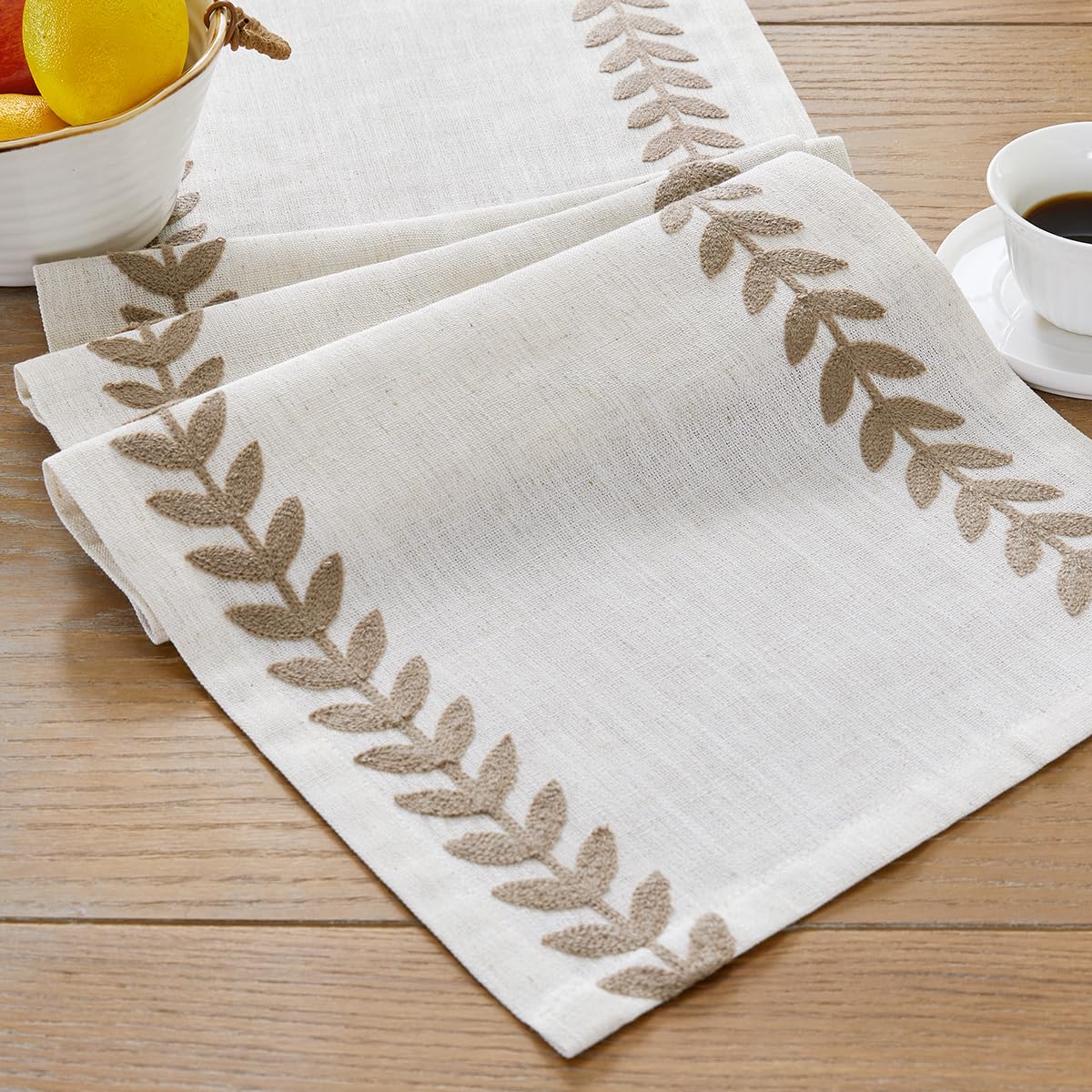 Aoztio Rustic Style Embroidered Table Runner, 13x72 Inch Irregular Willow Leaf Table Runners 72 Inches Long for Dresser Decor Farmhouse Table Decor, 13x72 Inche, Taupe Aoztio
