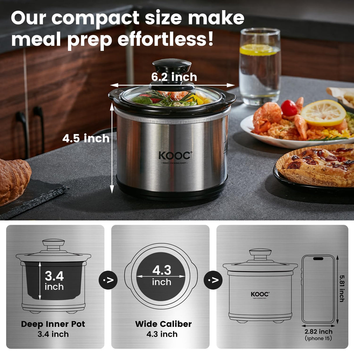KOOC Small Slow Cooker, 0.65-Quart, Free Liners Included for Easy Clean-up, Upgraded Ceramic Pot, Nutrient Loss Reduction, Stainless Steel, Silver, Round KOOC